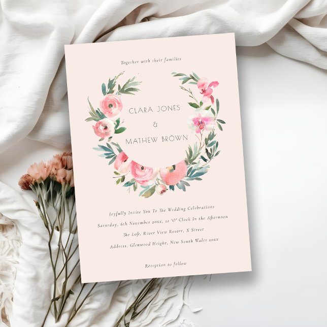 Blush Pink Rose Floral Wreath All In One Wedding Invitation (Creator Uploaded)