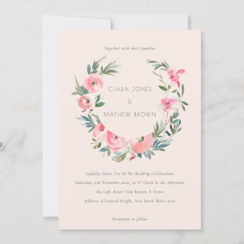 Blush Pink Rose Floral Wreath All In One Wedding Invitation