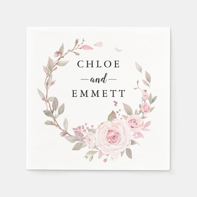 Blush Pink Rose Floral Wreath Napkins (Front)