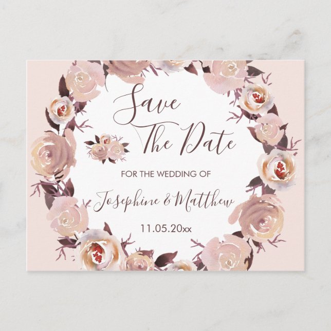 Blush Pink Rose Floral Wreath Save the Date Announcement Postcard (Front)