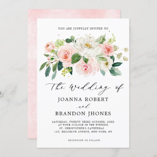 Blush Pink Rose Florals Modern Botanical Wedding Invitation