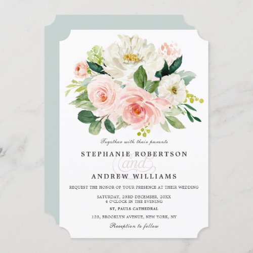 Blush Pink Rose Florals Modern Botanical Wedding Invitation