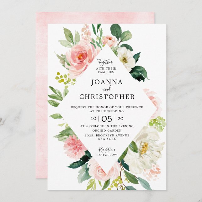 Blush Pink Rose Florals Modern Geometric Wedding Invitation (Front/Back)