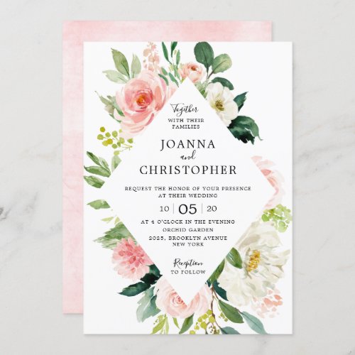 Blush Pink Rose Florals Modern Geometric Wedding Invitation