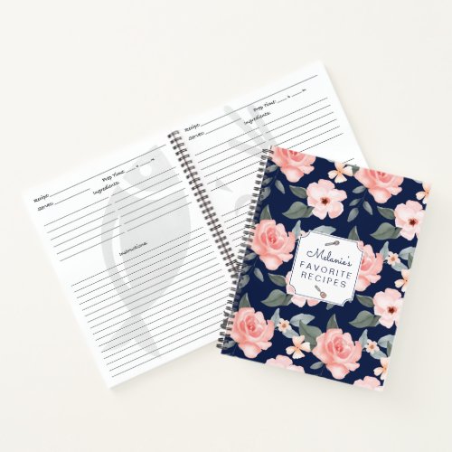 Blush Pink Rose Florals  Sage Leaf Foliage Recipe Notebook
