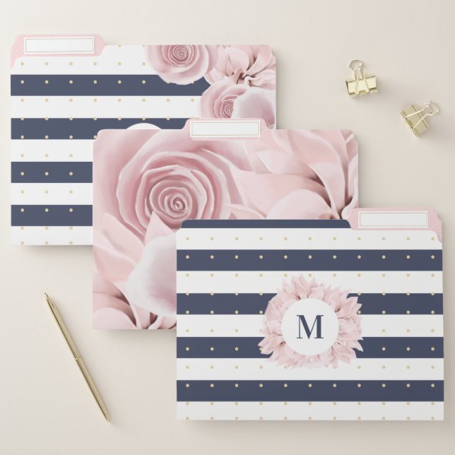 Blush Pink Rose Florals With White & Navy Stripes File Folder (Set)