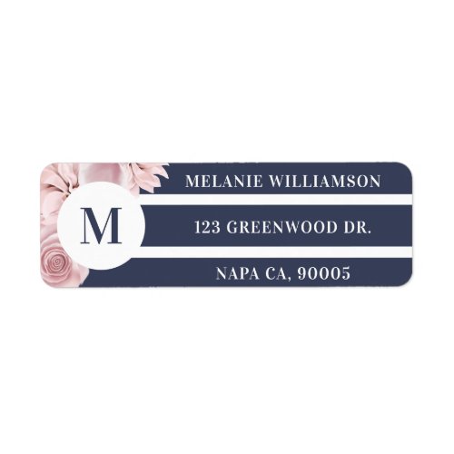 Blush Pink Rose Florals With White  Navy Stripes Label