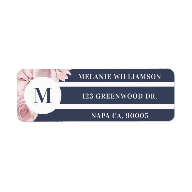 Blush Pink Rose Florals With White & Navy Stripes Label (Front)
