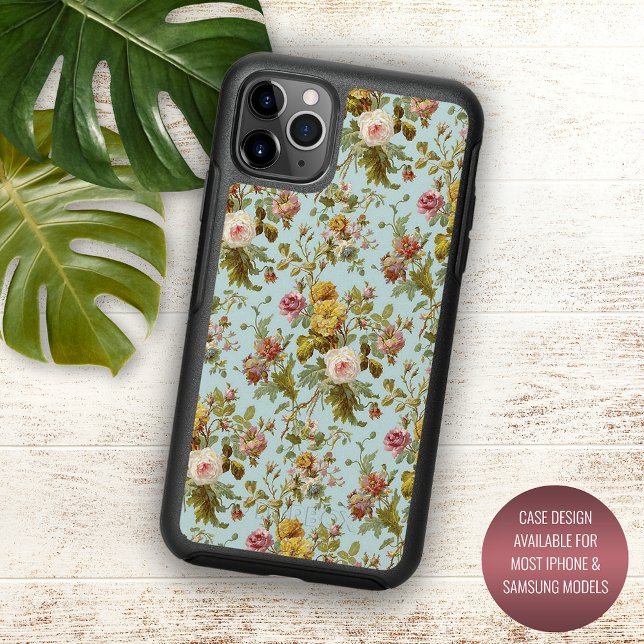 Blush Pink Rose Flower Art Pattern On Light Blue Otterbox iPhone Case (Creator Uploaded)
