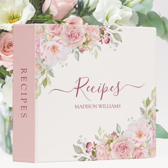 Blush Pink Rose Flower Floral Family Cook Recipe 3 Ring Binder (Close up)