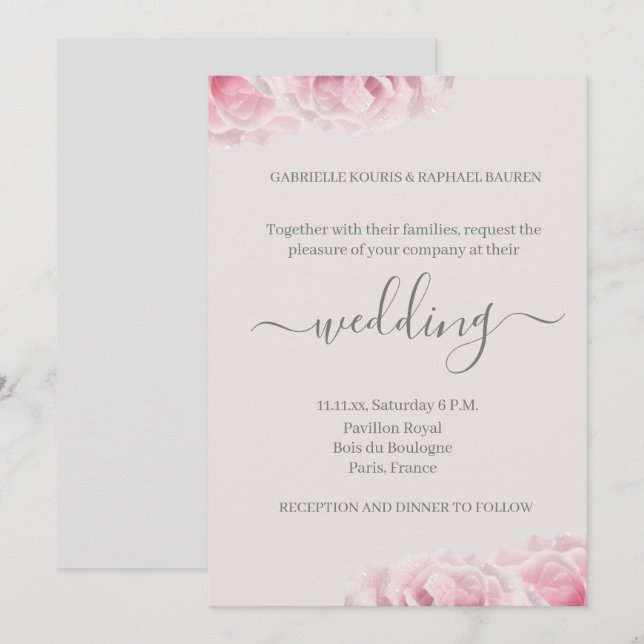 Blush Pink Rose Flower Gray Elegant Floral Wedding Invitation (Front/Back)