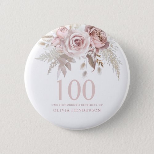 Blush Pink Rose Flowers 100th Birthday Party Button