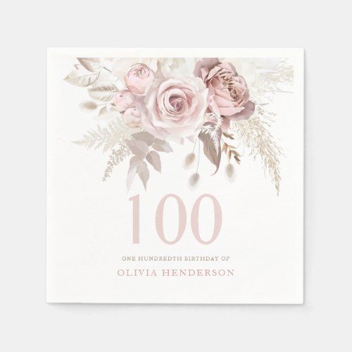 Blush Pink Rose Flowers 100th Birthday Party Event Napkins