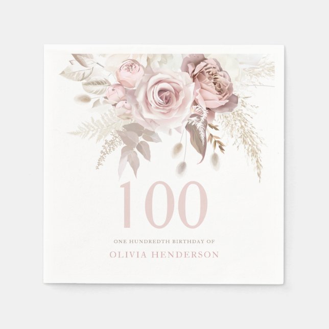Blush Pink Rose Flowers 100th Birthday Party Event Napkins (Front)