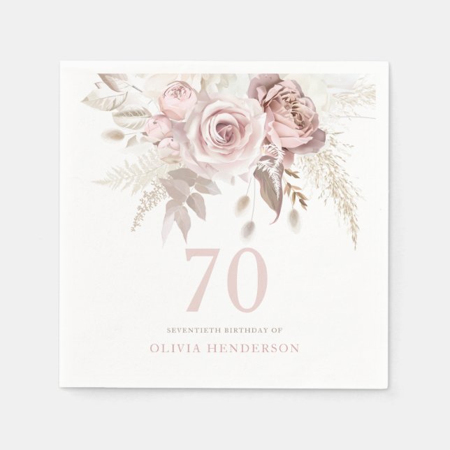Blush Pink Rose Flowers 70th Birthday Party Event Napkins (Front)