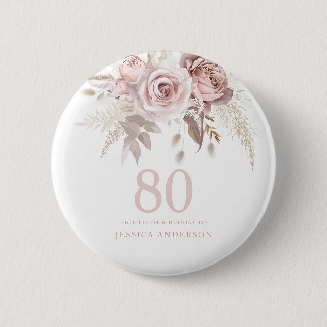 Blush Pink Rose Flowers 80th Birthday Party Button (Front)