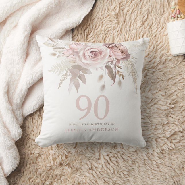Blush Pink Rose Flowers 90th Birthday Party Gift Throw Pillow (Blanket)