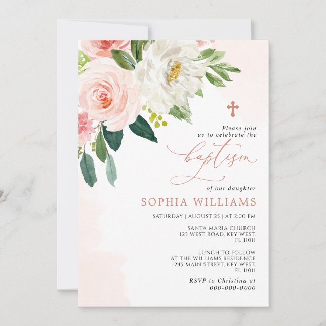 Blush Pink Rose Flowers Baptism Invitation (Front)