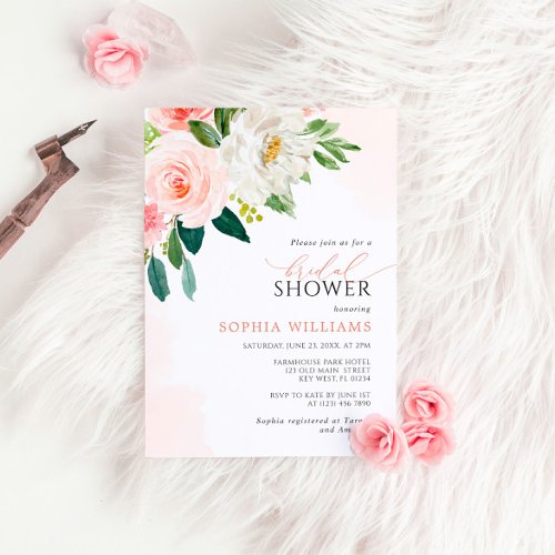 Blush Pink Rose Flowers Bridal Shower Invitation