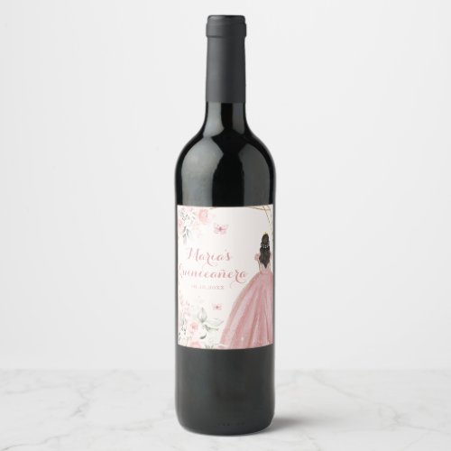 Blush Pink Rose Geometric Quinceaera Wine Label