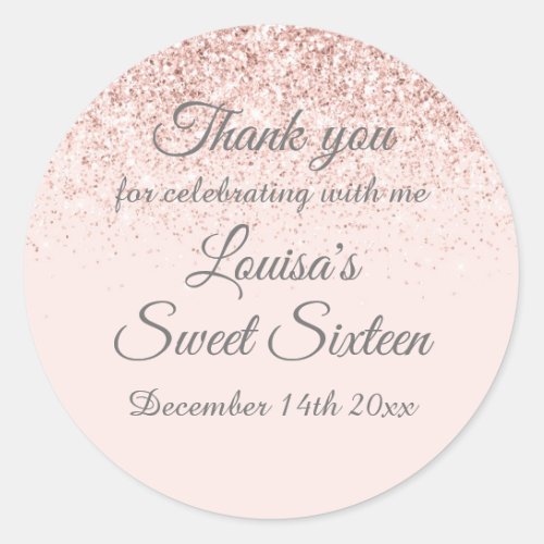 Blush Pink  Rose Glitter Sweet 16 Favor Stickers