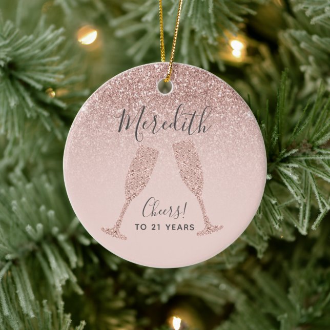 Blush Pink Rose Gold 21st Birthday Holiday Gift Ceramic Ornament (Tree)