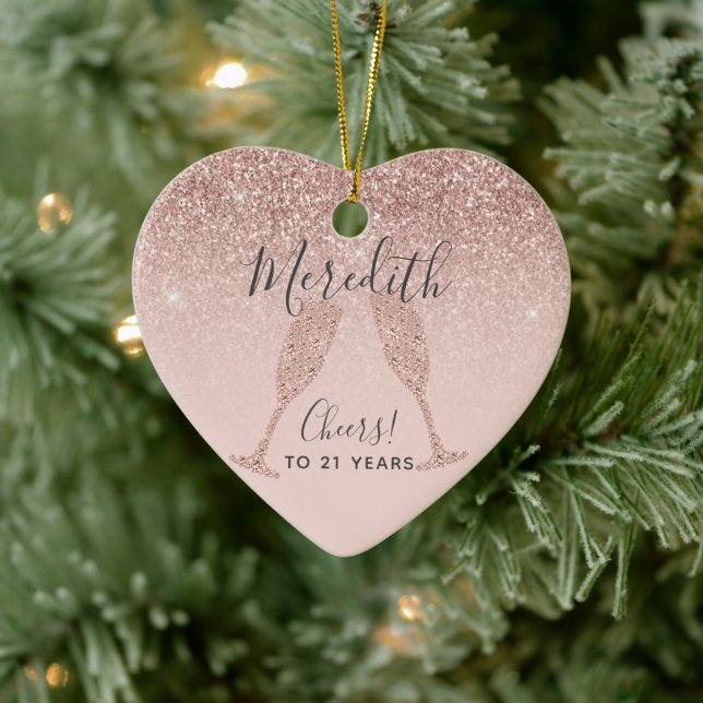 Blush Pink Rose Gold 21st Birthday Holiday Heart  Ceramic Ornament (Tree)