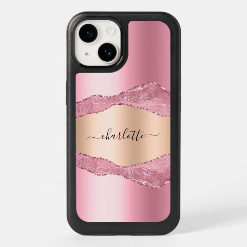 Blush pink rose gold agate marble name  OtterBox iPhone 14 case
