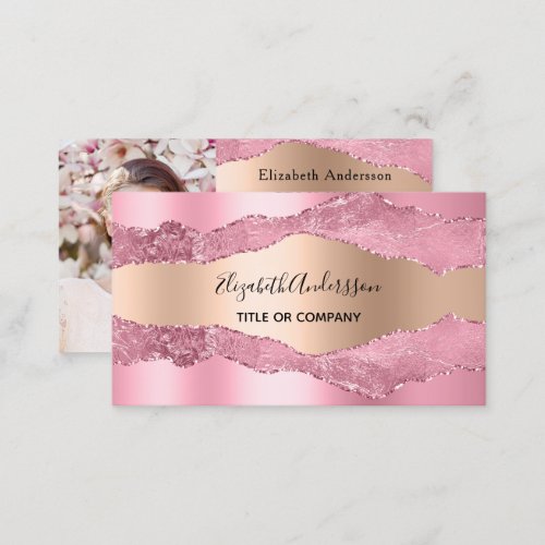 Blush pink rose gold agate marble QR code photo Business Card