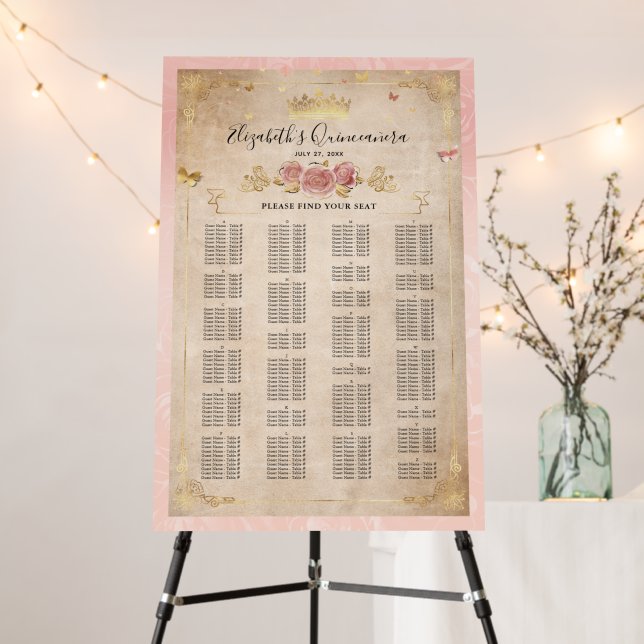 Blush Pink Rose & Gold Alphabetical Seating Chart Foam Board (In Situ (Stand))