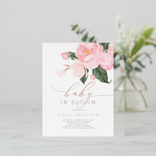 Blush Pink Rose Gold Baby in Bloom Shower Girl Foil Invitation Postcard