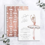 Blush Pink Rose Gold Ballerina Sweet 16 Birthday Invitation<br><div class="desc">Modern, minimal and elegant, this Sweet 16 Ballerina birthday invitation features a glam ballerina illustration embellished with rose gold shimmer texture, on a black and white typography invitation. The back of the invitation features the rose gold shimmer, with an all over pointe shoes motif. Copyright Elegant Invites, all rights reserved....</div>