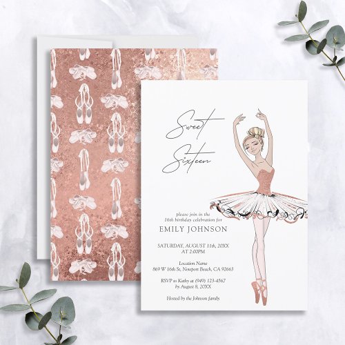 Blush Pink Rose Gold Ballerina Sweet 16 Birthday Invitation