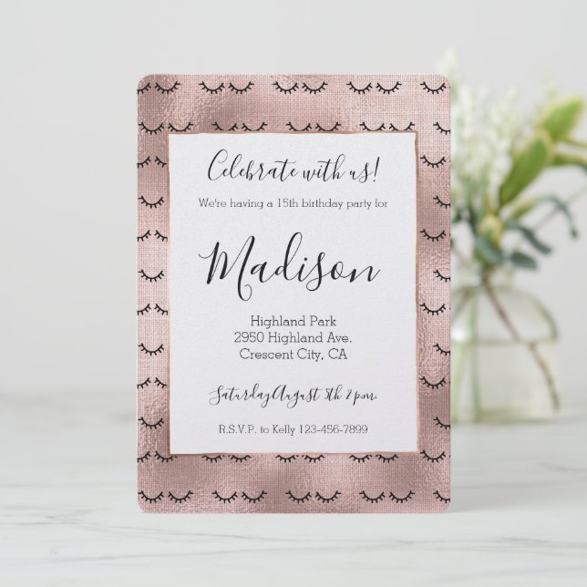 Blush Pink Rose Gold Black Eyelashes Invitation (Standing Front)