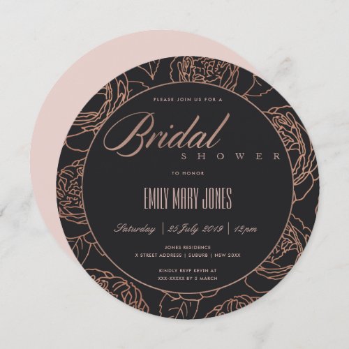 BLUSH PINK ROSE GOLD BLACK FLORAL BRIDAL SHOWER INVITATION