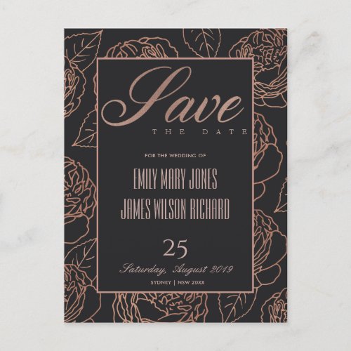 BLUSH PINK ROSE GOLD BLACK FLORAL SAVE OUR DATE ANNOUNCEMENT POSTCARD