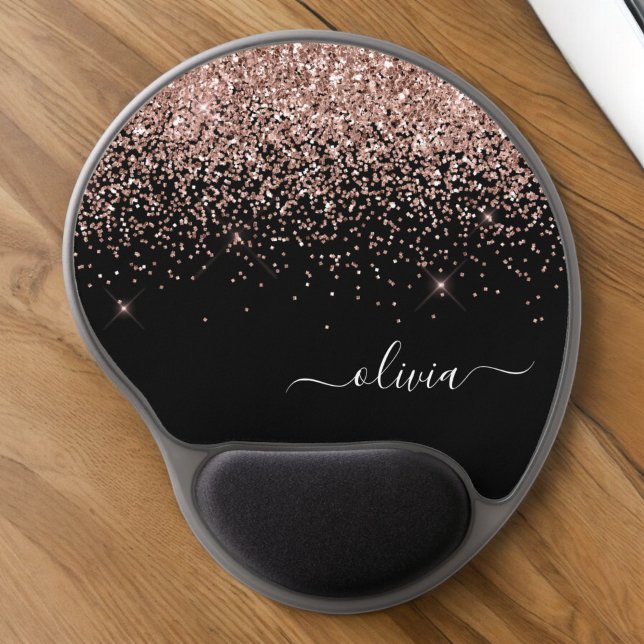 Blush Pink Rose Gold Black Glitter Monogram Gel Mouse Pad (Creator Uploaded)