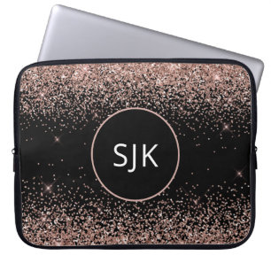 Blush Pink Rose Gold Black Glitter Monogram Laptop Sleeve