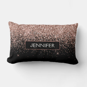 Blush Pink Rose Gold Black Glitter Monogram Lumbar Pillow
