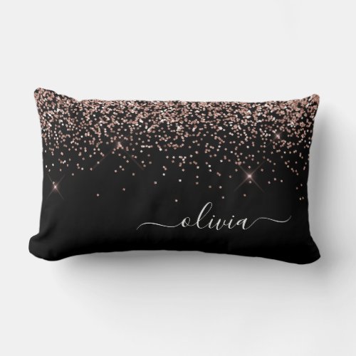 Blush Pink Rose Gold Black Glitter Monogram Lumbar Pillow