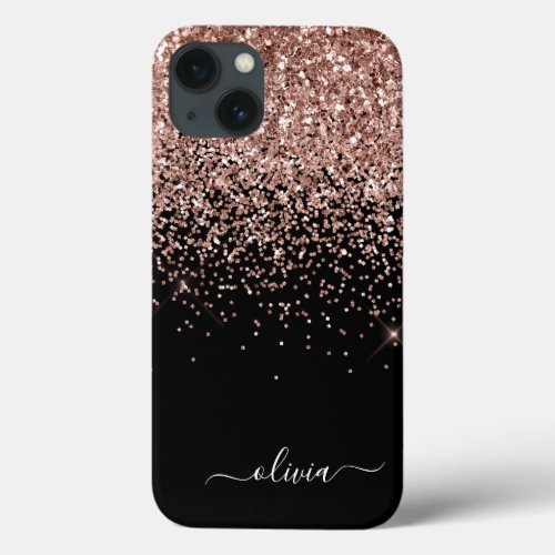 Blush Pink Rose Gold Black Glitter Monogram Name C iPhone 13 Case