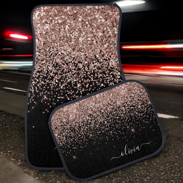 Blush Pink Rose Gold Black Glitter Monogram Name Car Floor Mat (Creator Uploaded)