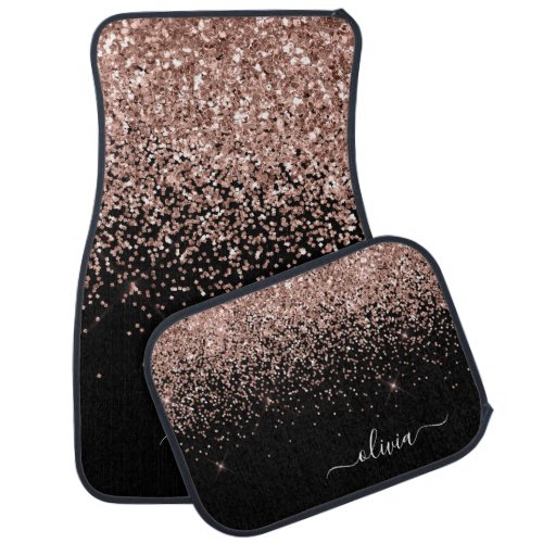 Blush Pink Rose Gold Black Glitter Monogram Name Car Floor Mat