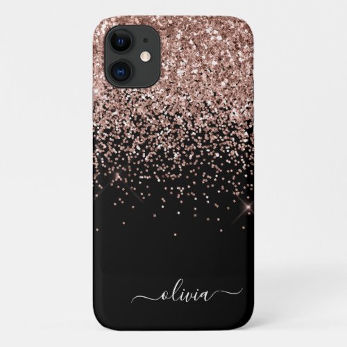Blush Pink Rose Gold Black Glitter Monogram Name iPhone 11 Case