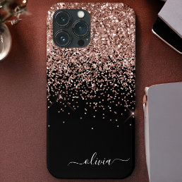 Blush Pink Rose Gold Black Glitter Monogram Name iPhone 11 Case