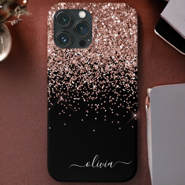 Blush Pink Rose Gold Black Glitter Monogram Name Case-Mate iPhone Case (Creator Uploaded)
