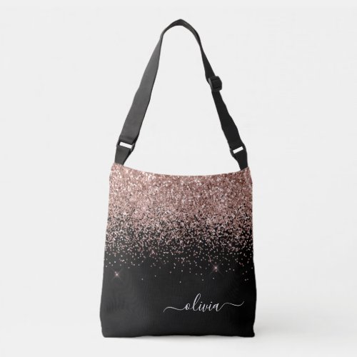 Blush Pink Rose Gold Black Glitter Monogram Name Crossbody Bag