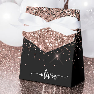Blush Pink Rose Gold Black Glitter Monogram Name Favor Boxes