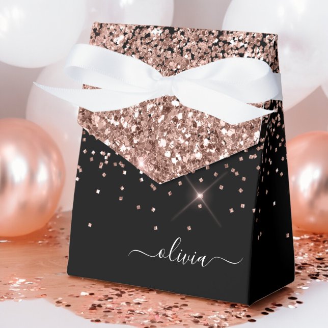 Blush Pink Rose Gold Black Glitter Monogram Name Favor Boxes (Creator Uploaded)