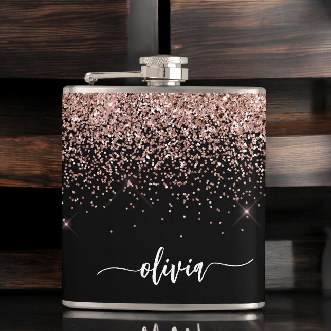 Blush Pink Rose Gold Black Glitter Monogram Name Flask (Creator Uploaded)